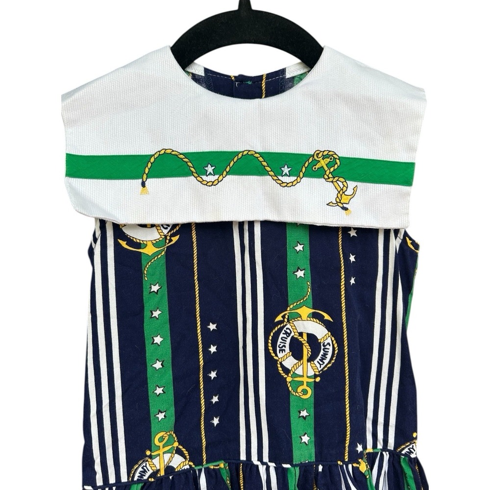 Vintage 90s Girls Nautical Sailor Cruise Dress 4 Years Unique AOP USA Made Navy - Picture 2 of 5